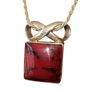 Mexico Sterling Silver & Red Jasper Ribbon Design Pendant Necklace